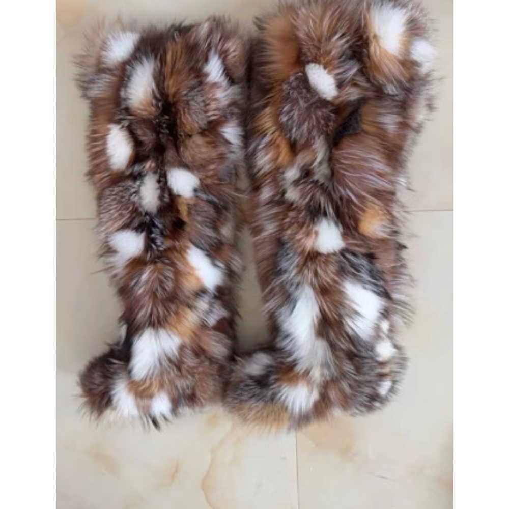 NWT - Real Fox Fur Multicolored Thigh High Boots - Size 8 - 70 cm shaft